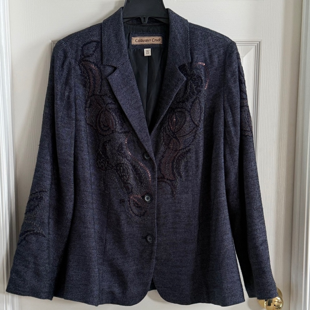 Coldwater Creek Embroidered Indigo Wool Paisley Art Blazer Size W18
